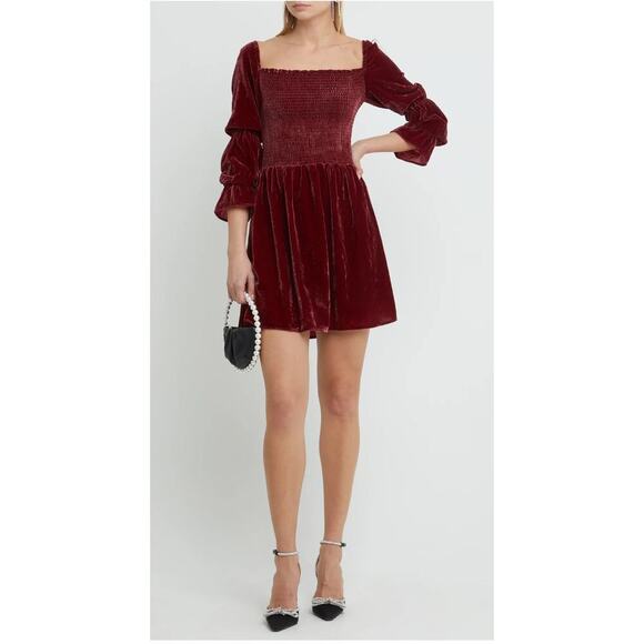 o.p.t Dresses & Skirts - o.p.t. Sz XS Hasher Smocked Velvet Mini Dress Gathered Bell‎ Sleeve Square Neck